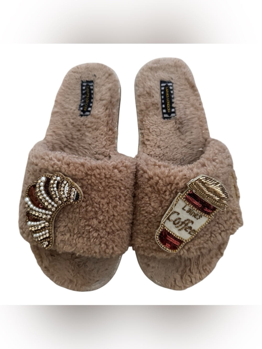 Lines London Teddy Slider Slippers with Coffee & Croissant Brooches